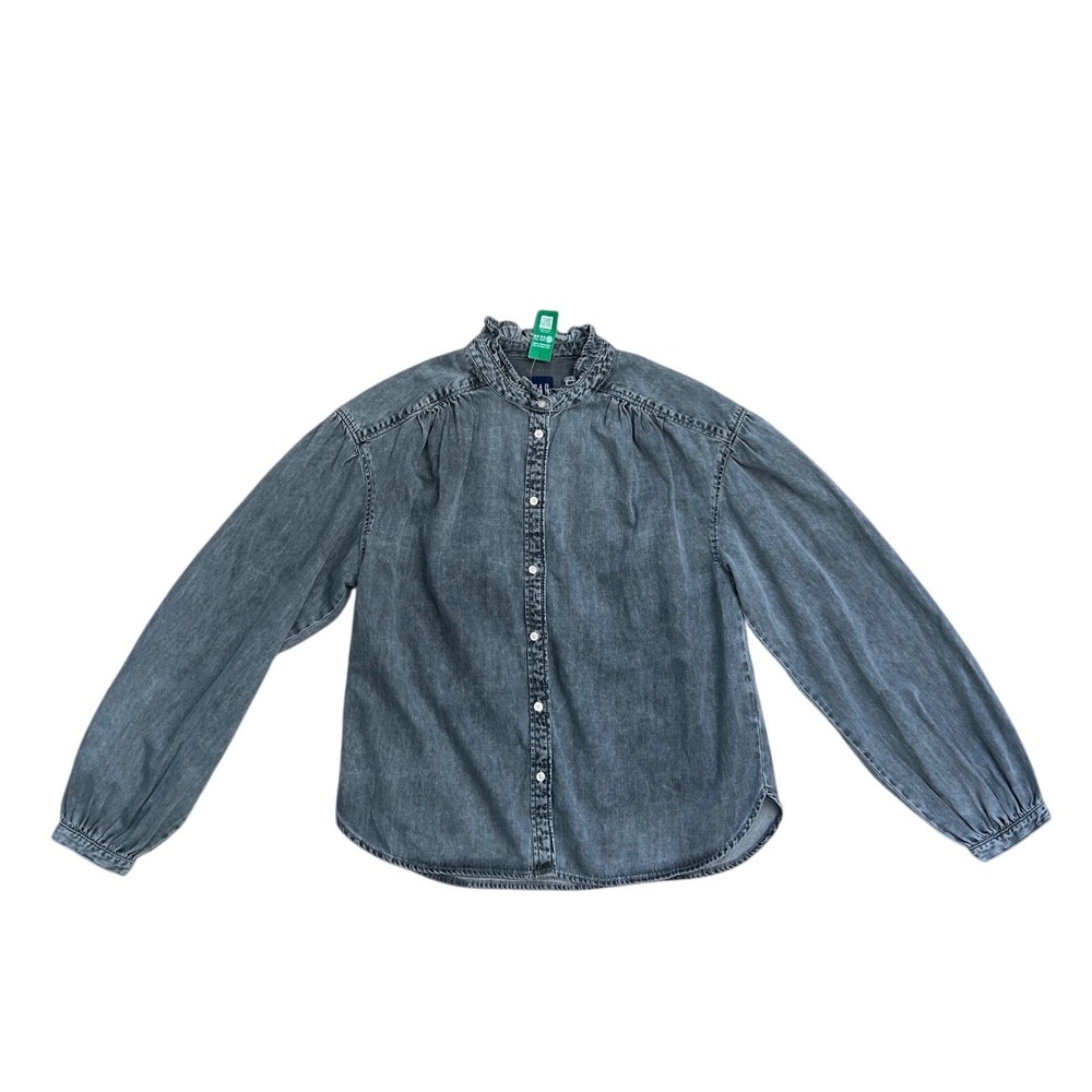 Gap peasant Gray Denim Chambray Ruffle Neck Puff Sleeve Shirt Small‎ New preppy